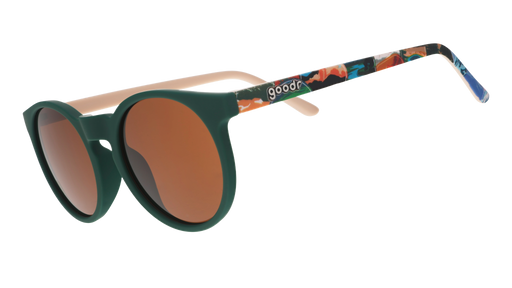 Green round sunglasses with brown non-reflective lenses and colorful National Park Foundation artwork on the temples.