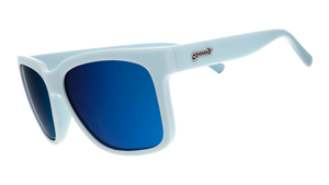 Three-quarter angle view of light blue sunglasses with blue lenses designed to float in water. 