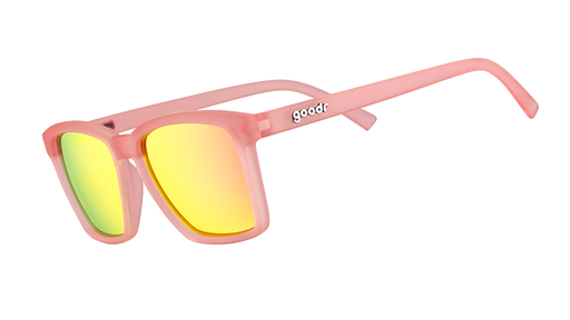 Three-quarter angle view of small square-shaped pink sunglasses with pink mirrored reflective lenses.