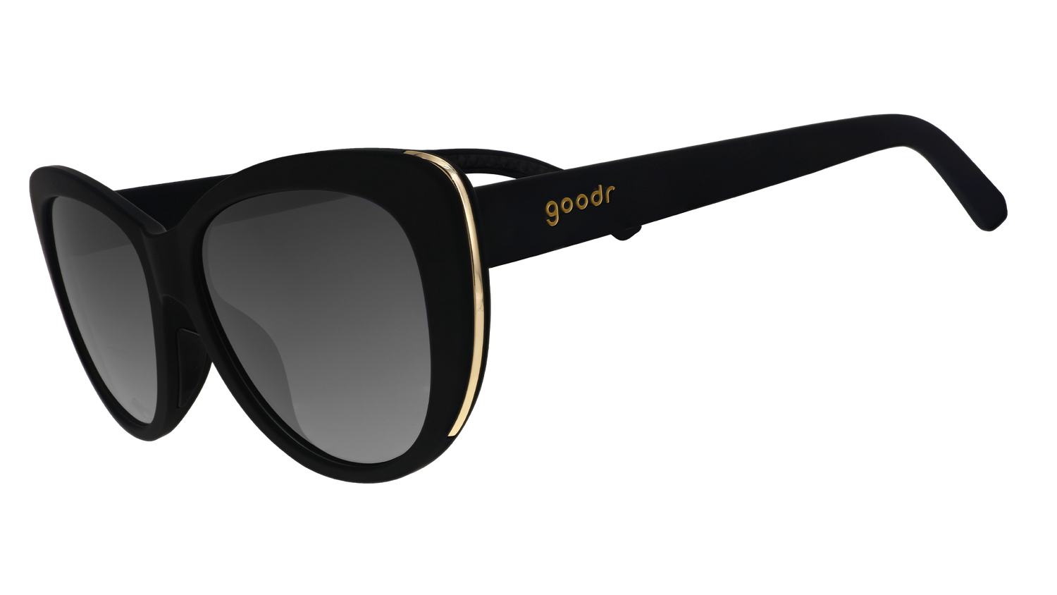 Black cat eye sunglasses with gold accents on the frame.