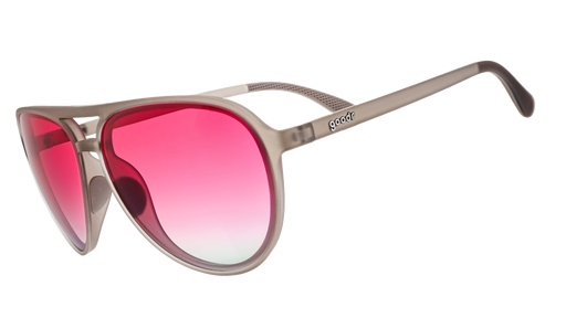 Three-quarter right angle view of gray aviator sunglasses featuring pink gradient non-reflective lenses.