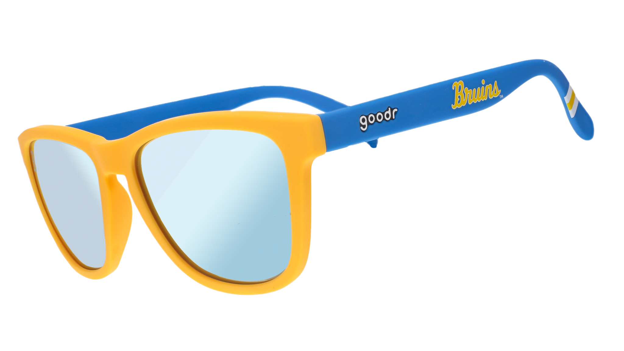 Bruins goodr sunglasses, with yellow frames and blue temples