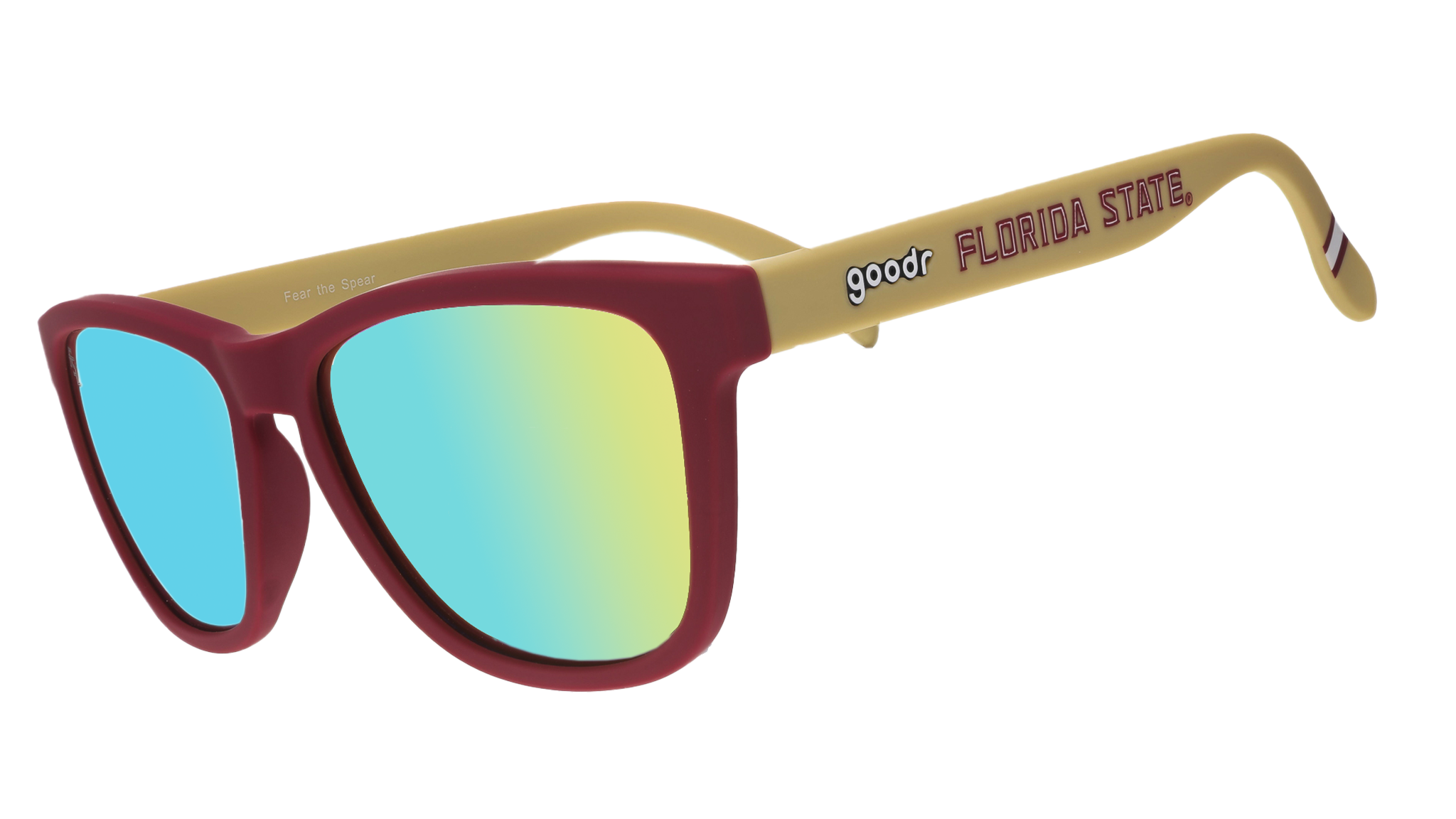 A pair of sunglasses on a white background with maroon frames, blue and green lenses, and gold temples with "Florida State" written in maroon along the temples.