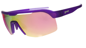 The image shows a pair of sporty wraparound sunglasses with a sleek purple frame and reflective lenses that transition from pink to yellow hues.