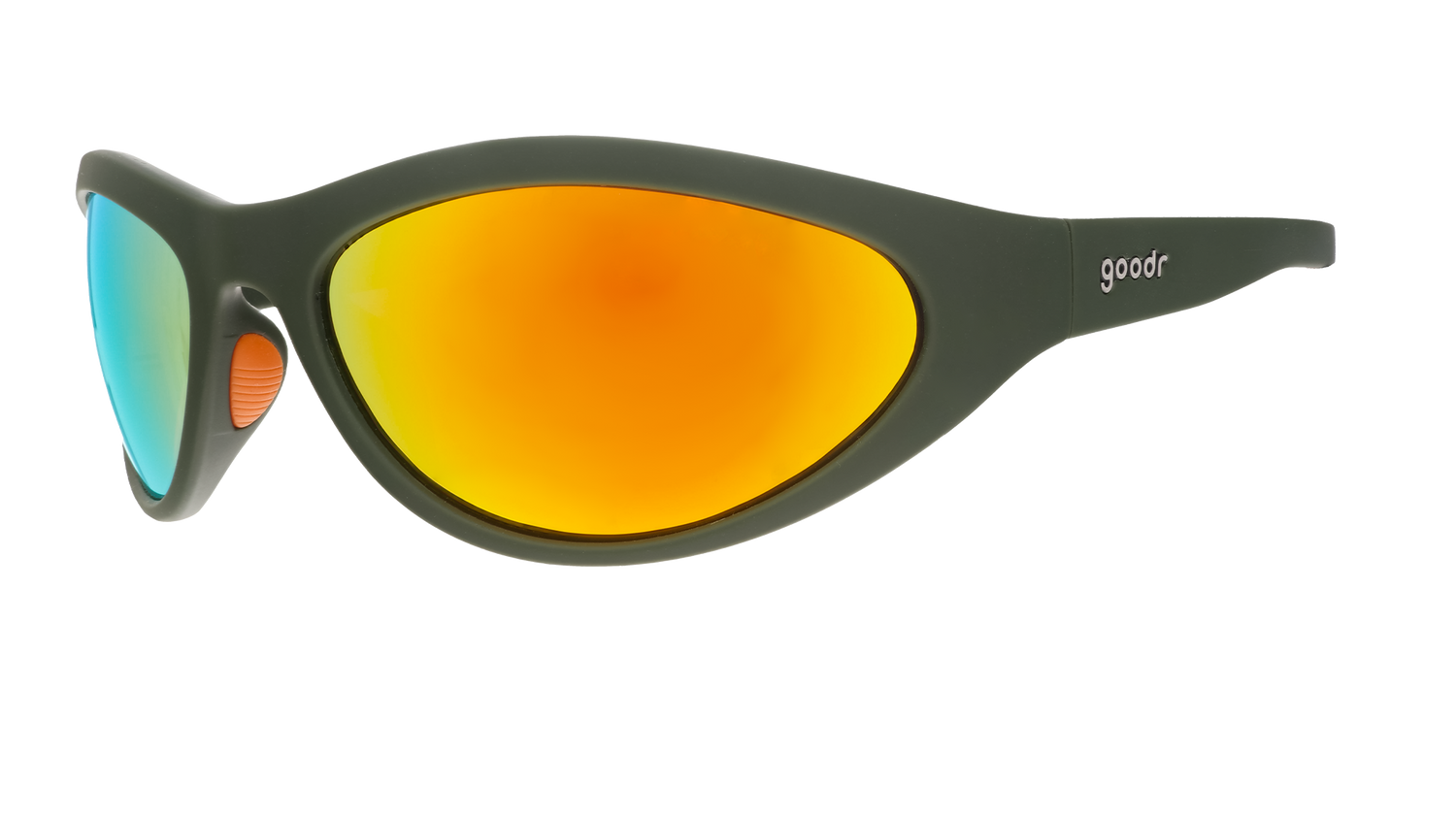 Oval goodr sunglasses with yellow and blue lenses and green frames