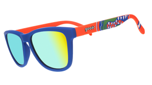 Florida Gator sunglasses with blue and orange frames and reflective yellow lenses.