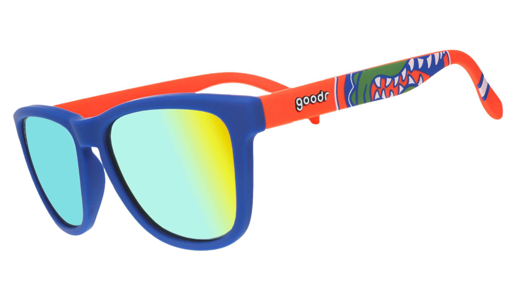 Florida Gator sunglasses with blue and orange frames and reflective yellow lenses.