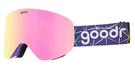 Three-quarter view of dark purple snow goggles with a pink reflective lens and purple strap featuring a sputnik-esque design.