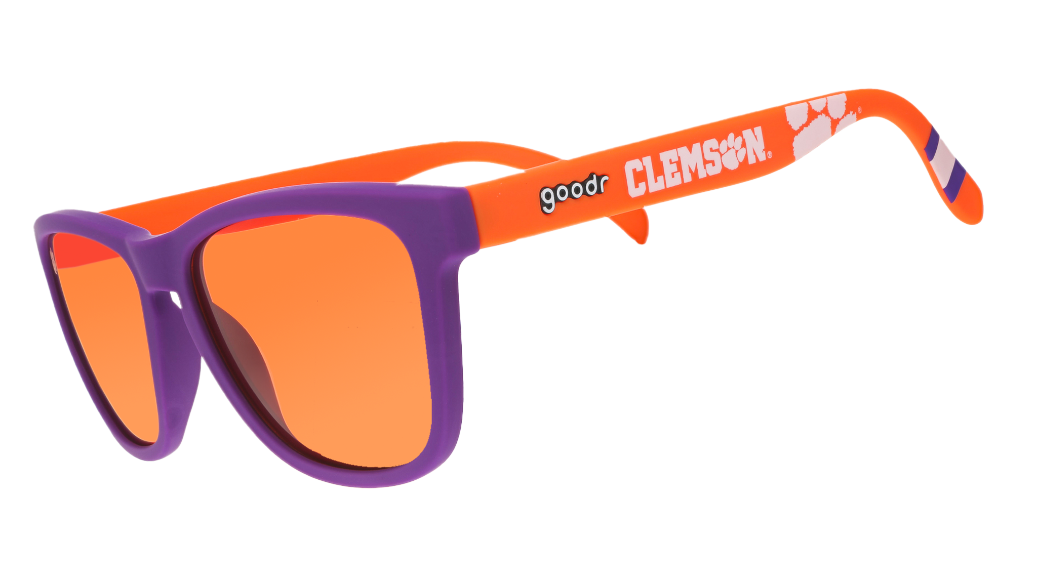 Special edition orange and purple Clemson Universitty goodr sunglasses on a white background.