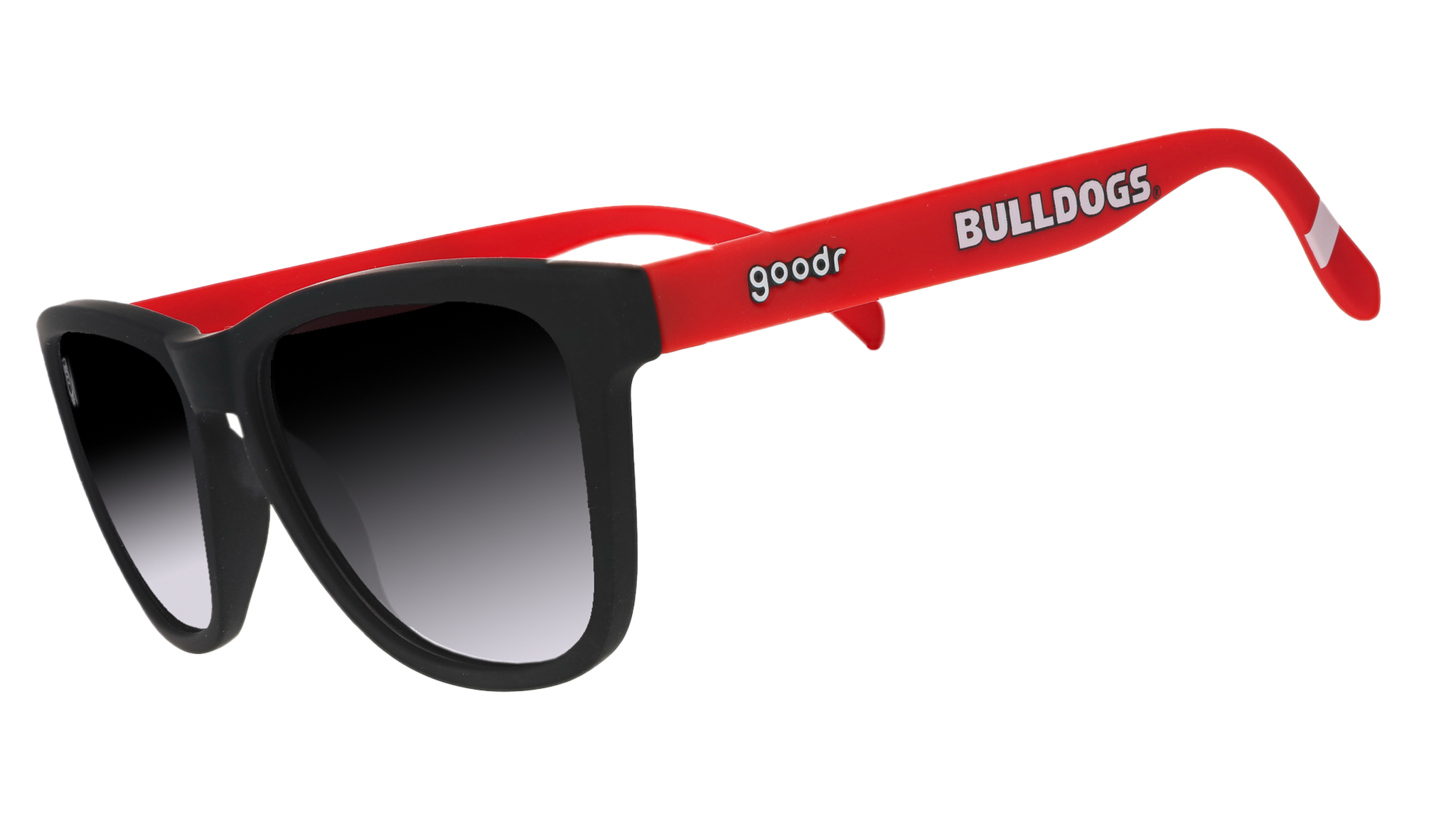 A pair of sunglasses with black frames and lenses, and red temples that have the word "Bulldogs" written in white along the side.