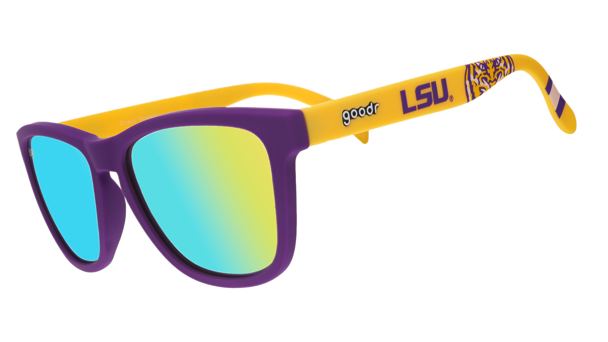 LSU purple and yellow goodr sunglasses with blue and green lenses