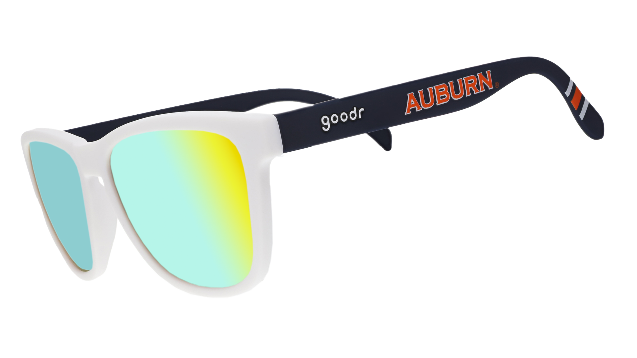 goodr sunglasses with blue, yellow & green lenses, white frames, and navy blue arms with the word "Auburn" written across in orange