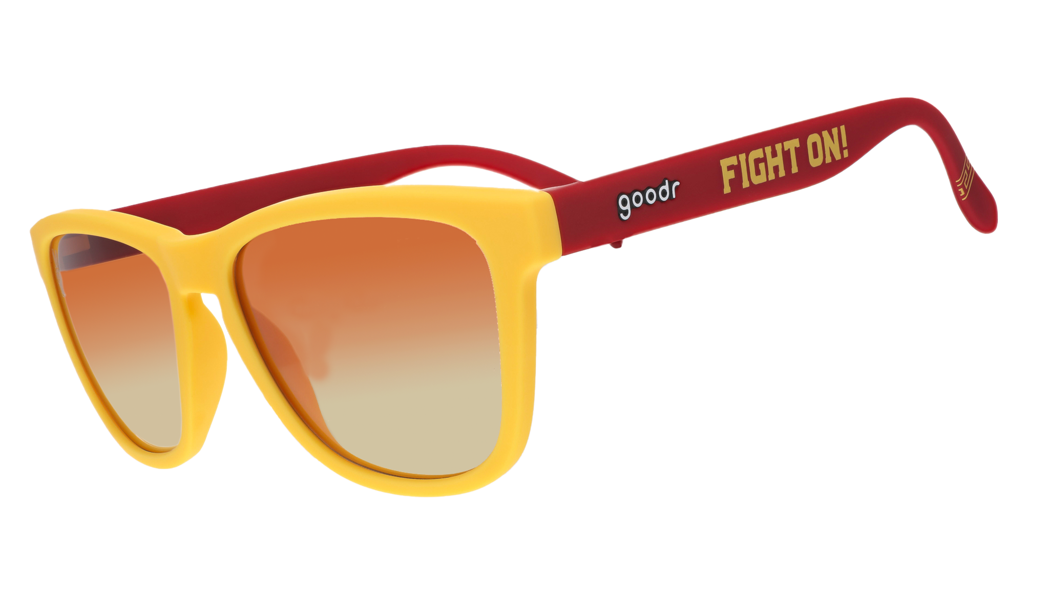 A pair of sunglasses with bright yellow frames and red arms, featuring the words "Fight On!" in bold yellow text on the side. The lenses have a gradient from orange to light.