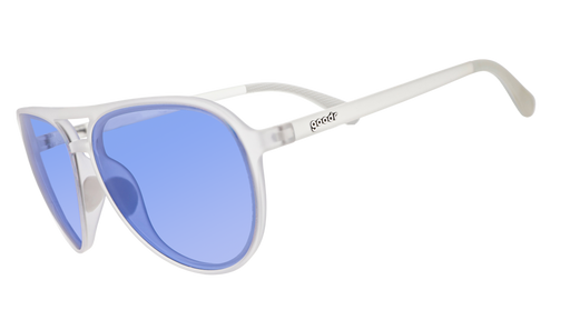 Three-quarter left angle view of clear aviator sunglasses featuring purple-blue gradient non-reflective lenses.