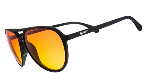 Three-quarter right angle view of black aviator frames featuring orange-yellow gradient non-reflective lenses.