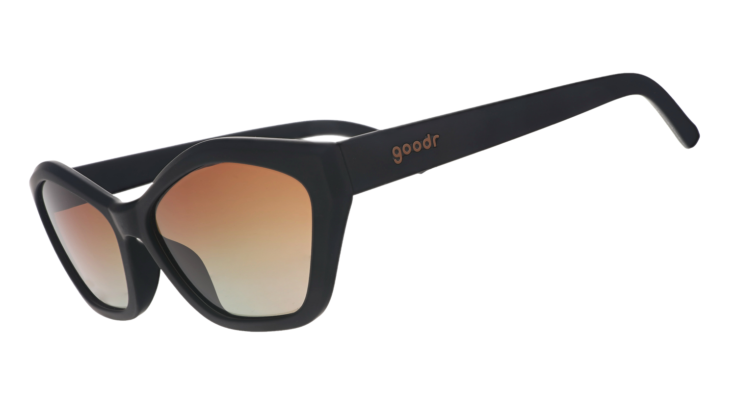 Three-quarter angle view of black geometric cat-eye sunglasses with amber gradient lenses against a white background.
