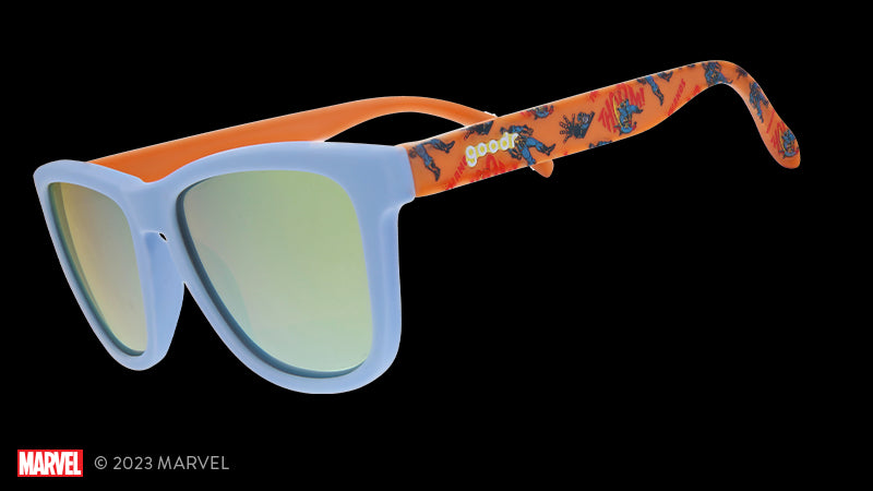 Snap Survivor Shades | Blue and orange frames with Marvel Comics Villian Thanos print with gold reflective lenses | Licensed Collectible Marvel goodr sunglasses