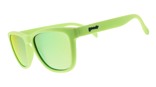 Three-quarter angle view of limited-edition wasabi-colored sunglasses with gold polarized lenses.