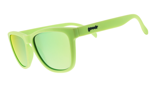 Three-quarter angle view of limited-edition wasabi-colored sunglasses with gold polarized lenses.