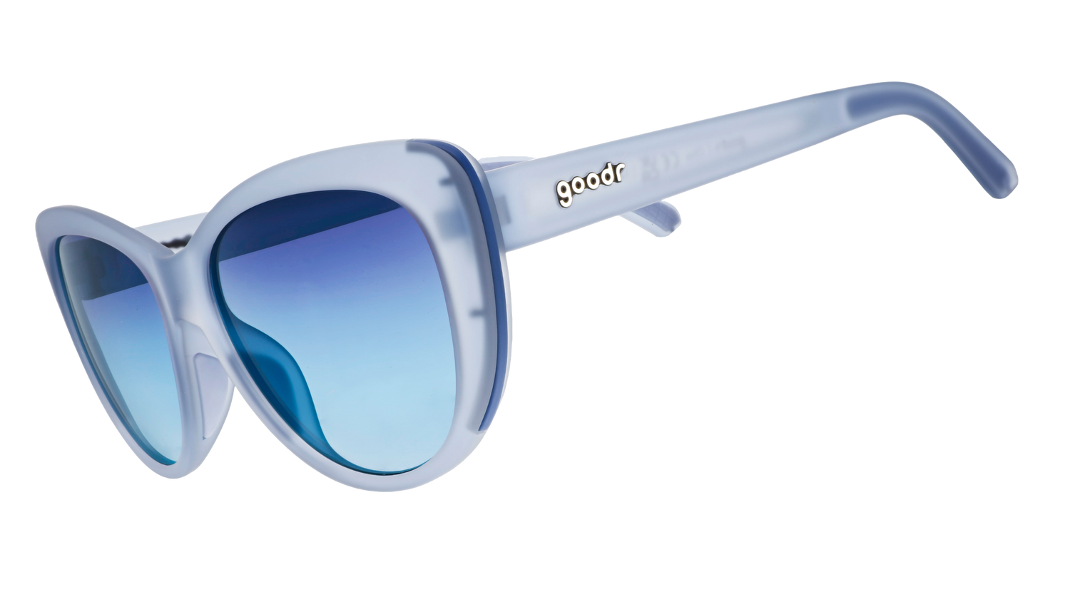 Three-quarter angle view of dusty blue translucent Glam Gs with blue gradient lenses.