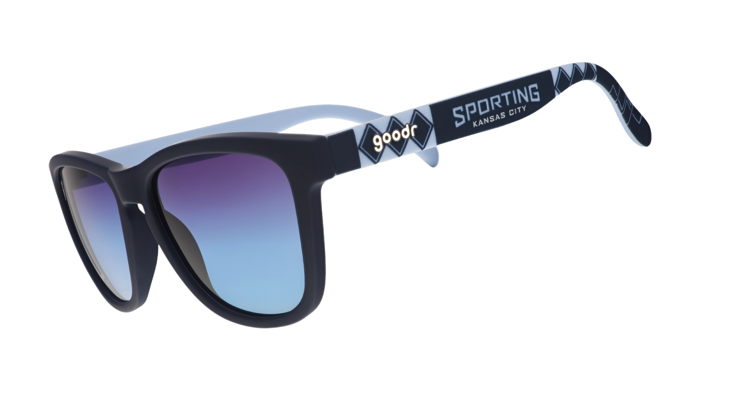Three-quarter angle view of Major League Soccer Sporting KC shades. Navy+blue frames. Dark blue gradient lenses.