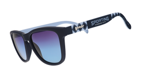 Three-quarter angle view of Major League Soccer Sporting KC shades. Navy+blue frames. Dark blue gradient lenses.