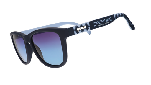 Three-quarter angle view of Major League Soccer Sporting KC shades. Navy+blue frames. Dark blue gradient lenses.