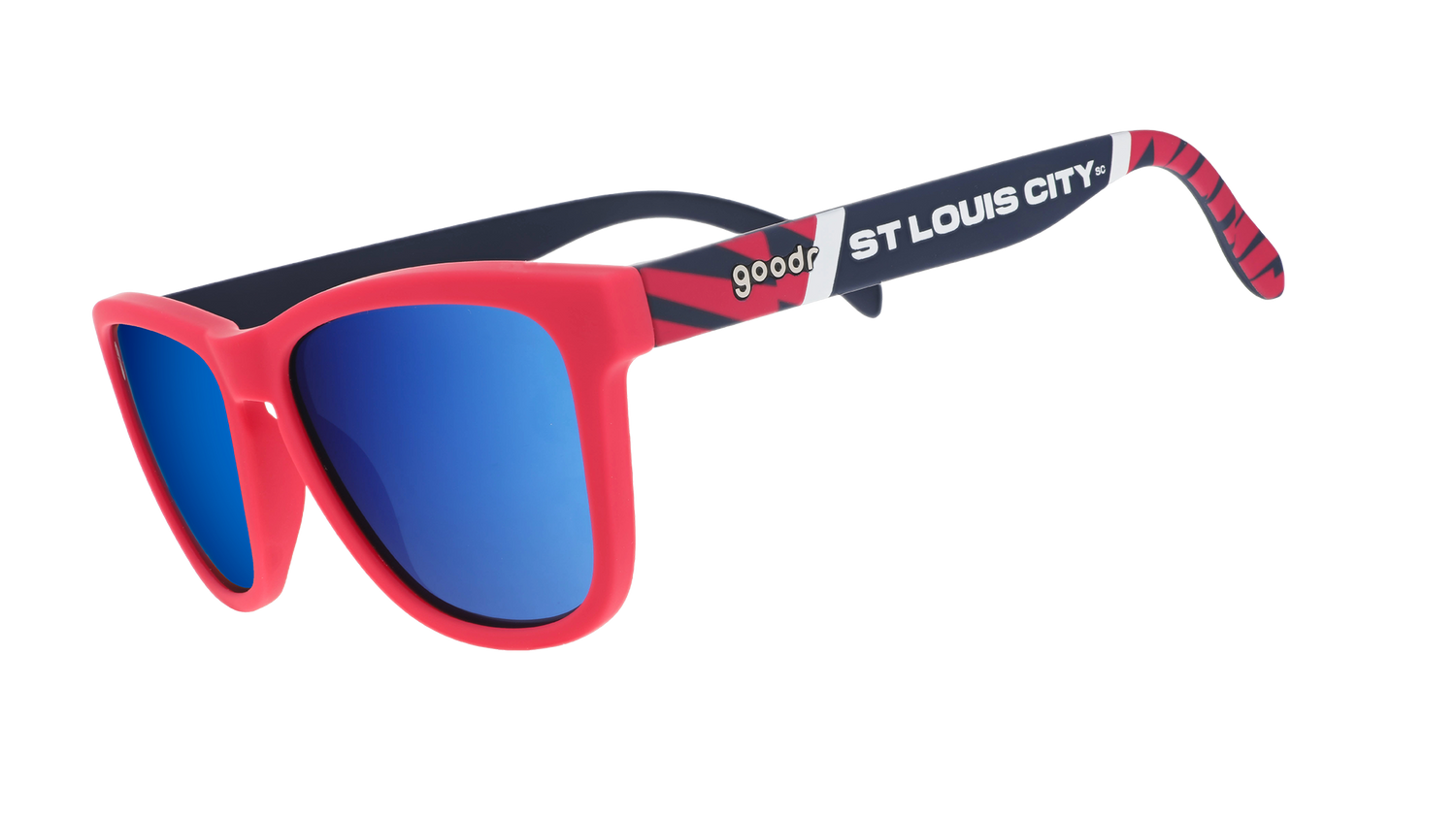 Three-quarter angle view of MLS St. Louis CITY SC shades tilted down. Red+black frames. Blue reflective lenses.