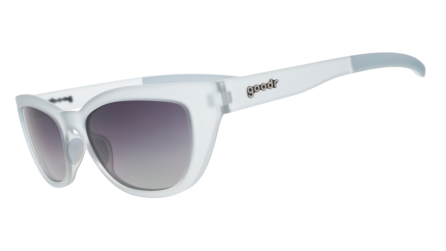 Three-quarter angle view of light blue cat-eye sunglasses with gradient violet lenses against a white background.