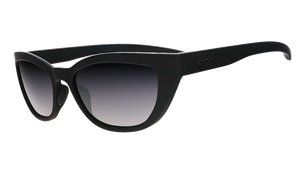 Three-quarter angle view of a pair of black cat-eye Cheetah G shades with black gradient lenses.
