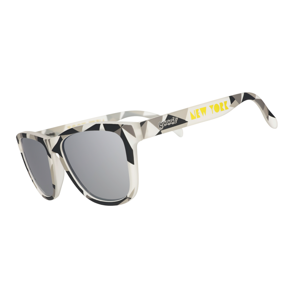 Three-quarter angle view of translucent gray sunglasses with a tonal geometric pattern, chrome reflective lenses, and a yellow New York logo.