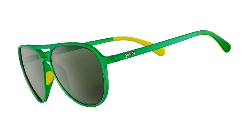 Three-quarter angle view of green aviator sunglasses with non-reflective lenses.