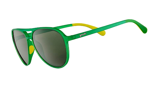 Three-quarter angle view of green aviator sunglasses with non-reflective lenses.