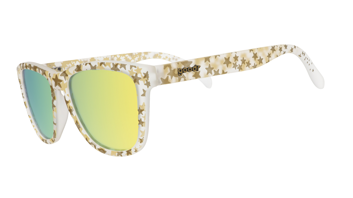 Three-quarter angle view of clear OG frames with a gold star pattern and gold reflective lenses.