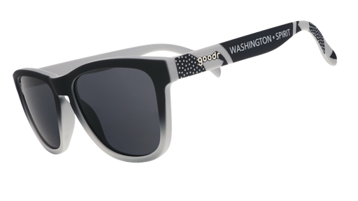 Three-quarter angle view of black and gray gradient sunglasses featuring black polarized lenses and the Washington Spirit logo.