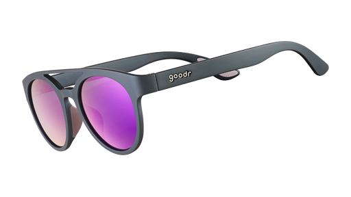 Three-quarter angle view of gray double bridge sunglasses with purple mirrored reflective lenses.