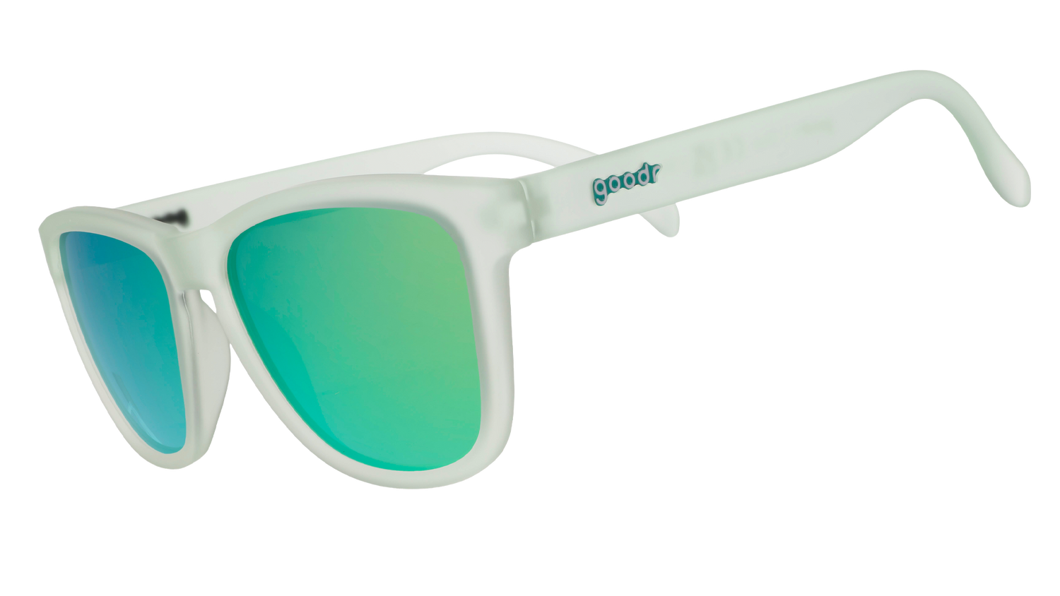 Three-quarter angle view of pale translucent green classic OG sunglasses with green-blue reflective lenses. 
