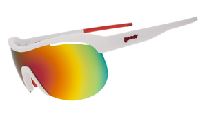 Three-quarter view of white wrap shield sunglasses with red accents and fire-red reflective lenses on a white background.