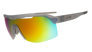Three-quarter angle view of gray shield sunglasses with orange reflective wrap lenses tilted down on a white background.