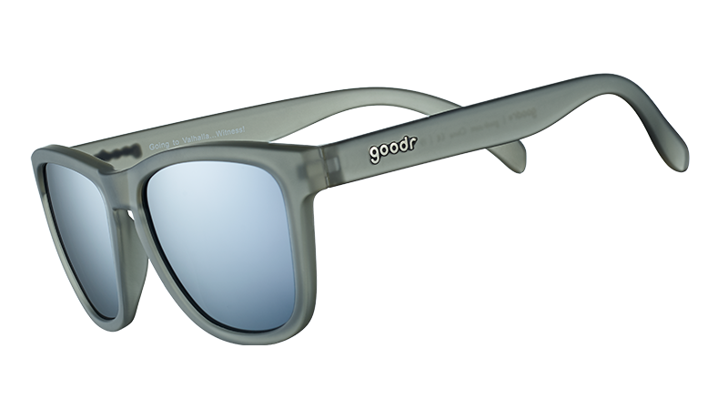 Three-quarter angle view of square-shaped gray sunglasses with polarized gray lenses.