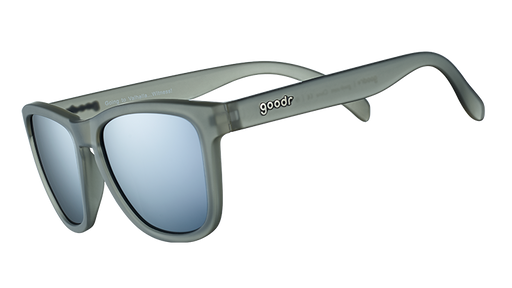 Three-quarter angle view of square-shaped gray sunglasses with polarized gray lenses.