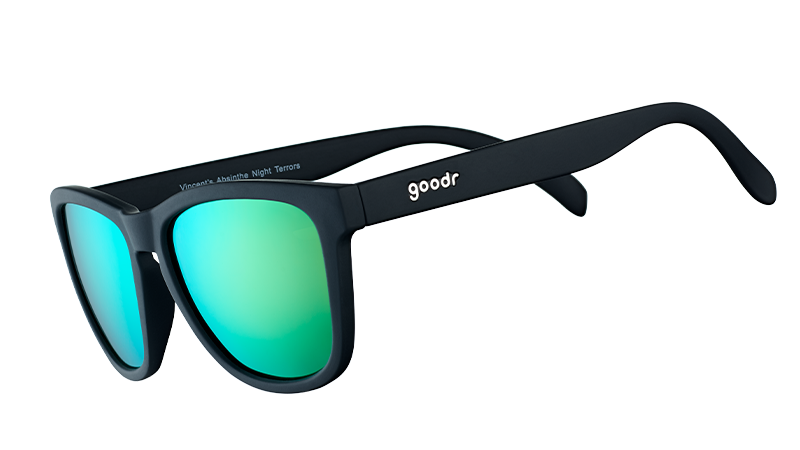 Three-quarter angle view of square-shaped black sunglasses with mirrored green lenses.