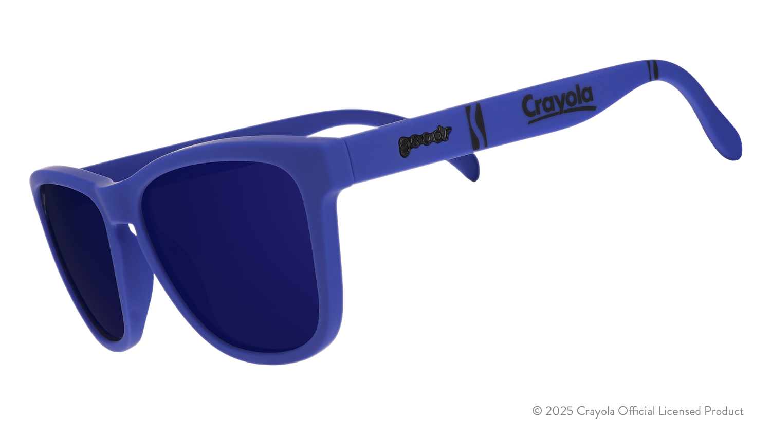 Three-quarter angle view of Violet Blue Crayola sunglasses with violet blue lenses