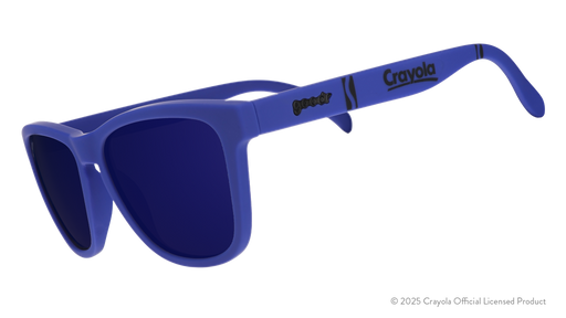 Three-quarter angle view of Violet Blue Crayola sunglasses with violet blue lenses