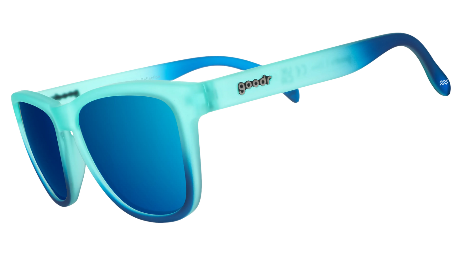 Three-quarter angle view of a pair of turquoise-to-blue ombre OG frames with teal reflective lenses.