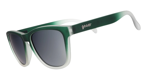 Three-quarter angle view of a pair of turquoise-to-blue ombre OG frames with teal reflective lenses.