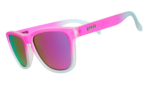 Three-quarter view of pink-to-light-blue gradient wayfarer-style goodr sunglasses with purple-pink reflective lenses.