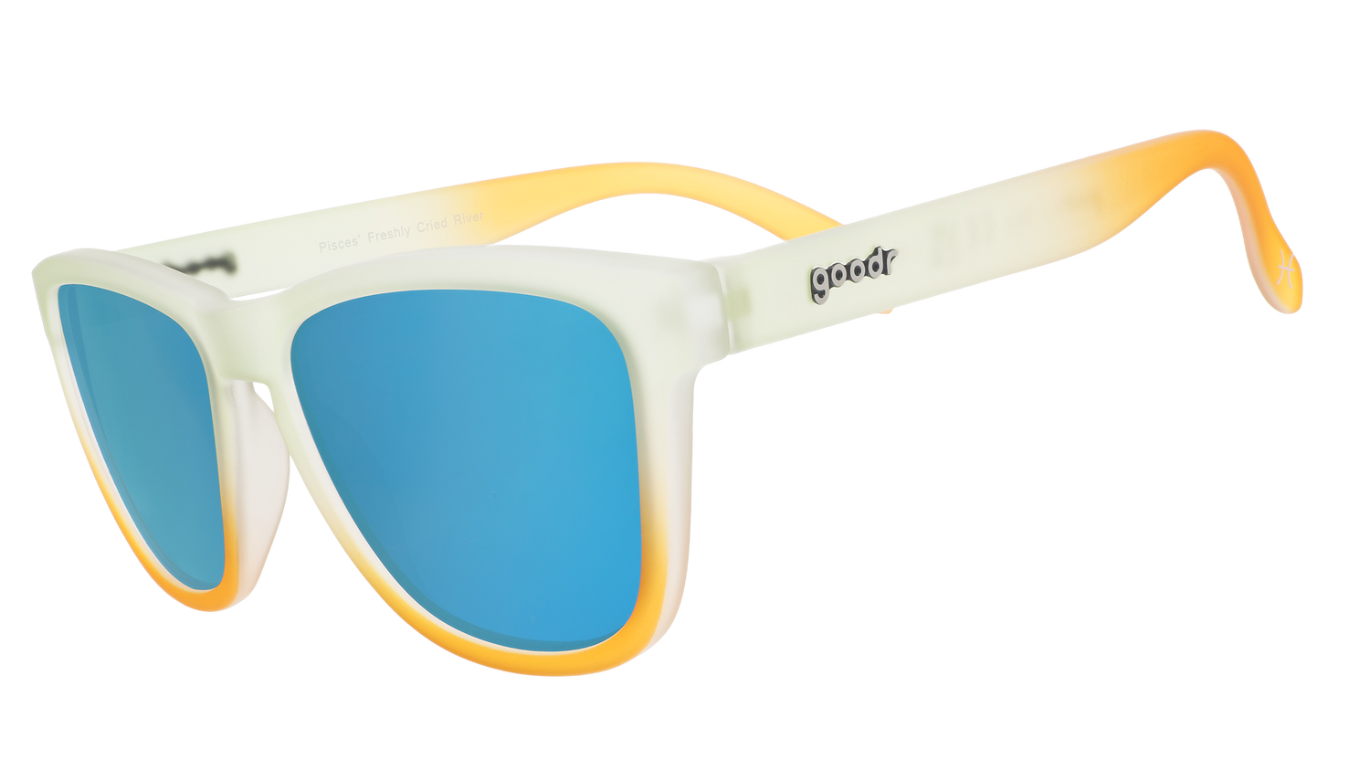 Three-quarter angle view of light teal-to-yellow frames with the goodr logo featuring light blue reflective lenses.