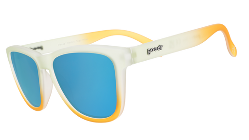 Three-quarter angle view of light teal-to-yellow frames with the goodr logo featuring light blue reflective lenses.