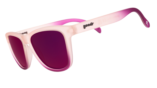 Three-quarter angle view of a pair of purple ombre OG frames with rose reflective lenses.